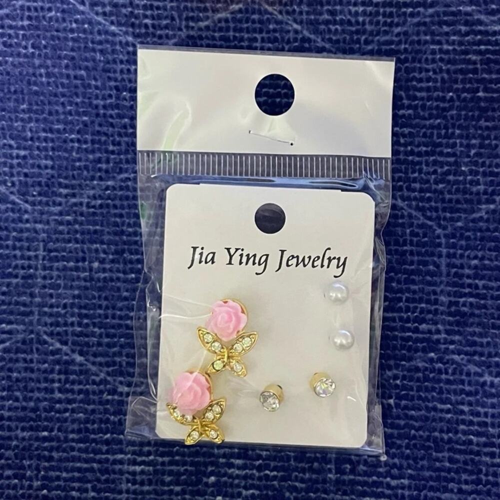 NEW Earrings Pretty Pink Rose Earring Set 3 Pairs Dainty and Feminine Posts